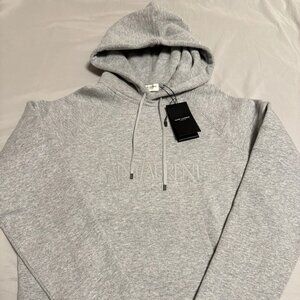 Saint Laurent Logo Embroidered Hoodie Grey Size Large 100% Authentic